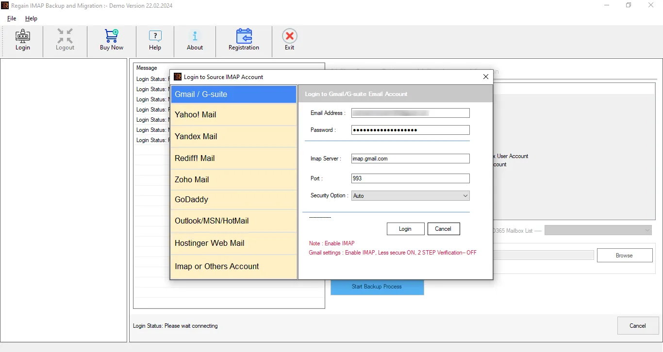 IMAP Backup and Converter tool - Step 1